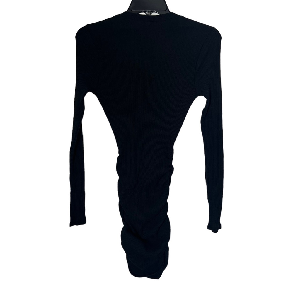 Black Ribbed Long Sleeve Side Ruched Mini Bodycon Dress - Picture 8 of 9